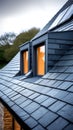 Grey slate roof on modern house vintage curved frame concept