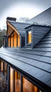 Grey slate roof on modern house vintage curved frame concept