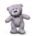 Grey smiling teddy bear with black tie bow