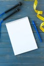 Grey sneakers, blue dumbbell, blank Notepad, blue pen on white background top view