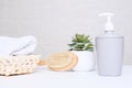 Grey soap dispenser, spa towel, plant and massage brush on white counter table inside a bright bathroom background Royalty Free Stock Photo