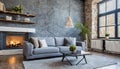 Grey sofa against concrete wall with fireplace and book shelves. Loft home interior design of modern living room Royalty Free Stock Photo
