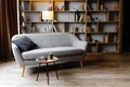 Grey sofa with cushions standing on living room with stylish interior design and collections books on bookshelves in library. Work