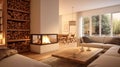 Grey Sofa With Fireplace. Scandinavian Home Interior Design of Modern Living Room Royalty Free Stock Photo