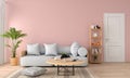 Grey sofa and pillow in pink living room, 3D rendering