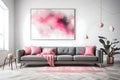 Grey sofa with pink pillows and blanket against white wall with abstract art poster. Interior design Generated Ai