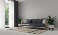 Grey sofa and plants decor against beige wall background. Minimal home interior design of modern living room. Royalty Free Stock Photo