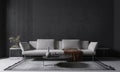 Grey sofa and side table against black wall background. Modern home interior design of cozy living room. Royalty Free Stock Photo