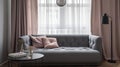 Grey sofa with soft pillows and lamp near big window with pink curtains in living room, generative ai Royalty Free Stock Photo