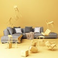 Grey sofa surrounding by a lot of pastel yellow chair. 3d