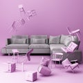 Grey sofa surrounding by a lot of purple little chair. Royalty Free Stock Photo