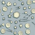 Grey space background. Seamless pattern. Planets and stars. Beautiful space object. Simple doodle drawing in childish