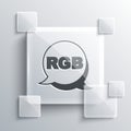 Grey Speech bubble with RGB and CMYK color mixing icon isolated on grey background. Square glass panels. Vector