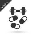 Grey Sports doping, anabolic drugs with dumbbell icon isolated on white background. Anabolic steroids tablet. Pills in Royalty Free Stock Photo