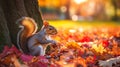 Grey Squirrel Eating Nuts in Autumn Forest Royalty Free Stock Photo
