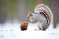 grey squirrel inspecting a snowy pine cone