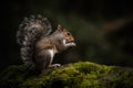 Grey Squirrel, Sciurus carolinensis sitting on a moss covered wall