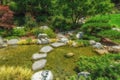 Grey stepping stones crossing river in Japanese garden Royalty Free Stock Photo