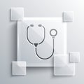 Grey Stethoscope medical instrument icon isolated on grey background. Square glass panels. Vector