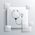 Grey Stethoscope medical instrument icon isolated on grey background. Square glass panels. Vector