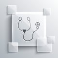 Grey Stethoscope medical instrument icon isolated on grey background. Square glass panels. Vector