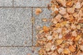 Grey stone pavement texture. Paving stones with yellow autumn leaves Royalty Free Stock Photo