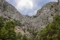 Grey stormy sky over stone mountains with green forest.