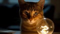 A grey stripe domestic pet house cat sit, looking, and stare at the bright light bulb Royalty Free Stock Photo