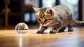 Grey striped kitten playing with a transparent ball on the floor. Playful cat in the house. Pet indoors. AI Generated Royalty Free Stock Photo