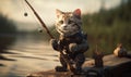 Grey stripy cat in a leather vest fishing on the pond. Attentive focused kitten with a fishing rod on wooden bridge. Blurred