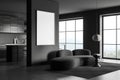 Grey studio interior with kitchen and relax area, panoramic window. Mockup frame Royalty Free Stock Photo