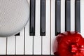 grey stylish speaker and red pomegranate on the black and white piano keys on top view Royalty Free Stock Photo