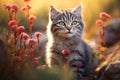 Grey tabby cat in a flowery meadow