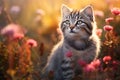 Grey tabby cat in a flowery meadow