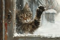 Grey Tabby Cat hanging on a screen door on a winters day