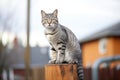 a grey tabby cat perched atop a rustic wooden fence post Royalty Free Stock Photo