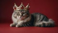 Grey tabby cat wearing a red and gold crown, lying down on a solid background Royalty Free Stock Photo