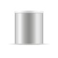 Grey tin can with plastic cap. Silver vector container.