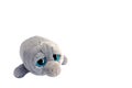 Grey toy soft dolphin with big black and blue eyes with reflection Royalty Free Stock Photo
