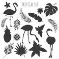 Grey tropical plants and flamingos silhouettes templates