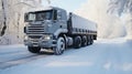 Grey truck driving on a snowy slippery road through the winter forest. Commercial vehicle. Generative AI