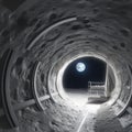 Grey tunnel cement pipe in space or planet, light at the end with view on Earth Royalty Free Stock Photo