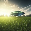 Grey UFO alien ship flying under green grass on sunny evening. Flying saucer with lights floating on cloudy day AI