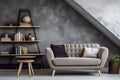 Grey under stair love seat with cushions and an industrial shelving unit against a grey colour washed wall Generative AI Royalty Free Stock Photo