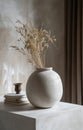 a grey vase sits on top of a white table Royalty Free Stock Photo