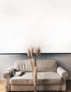 Grey vintage sofa and beautiful dried decorative plants at mock up background