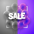 Grey and violet balloons with white sale sign