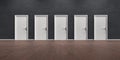 Grey wall with five closed doors and wooden floor Royalty Free Stock Photo