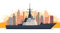 Grey Warship at Sunset City Skyline Illustration Royalty Free Stock Photo