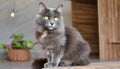 Grey and white cat itting in front of white background